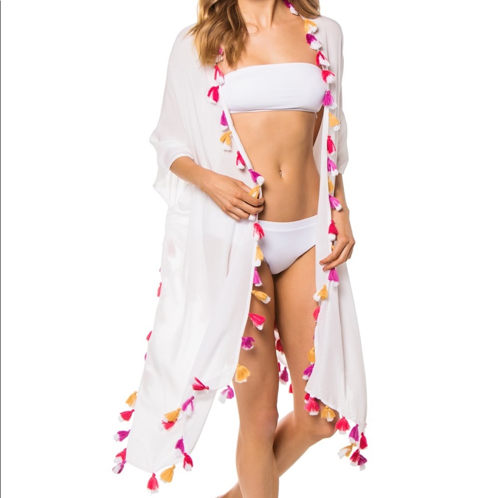White Kimono Cover-up with Bright Tassels